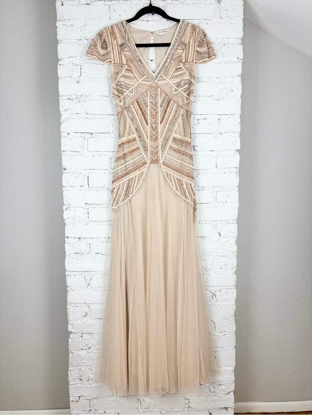 Miss Selfridge Beaded Sequin Embellished Mesh Champagne Pink Maxi Fairy Dress Y2